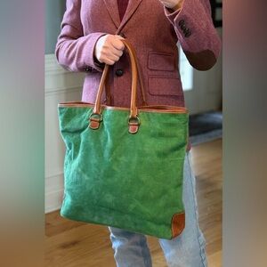 J. Crew Vintage Y2K Boho Classic Green Corduroy & Brown Leather Tote Bag (GUC)